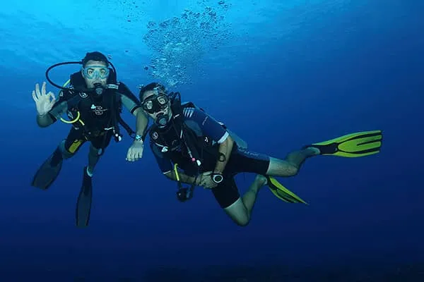 Multiple divers with cameras recording underwater footage