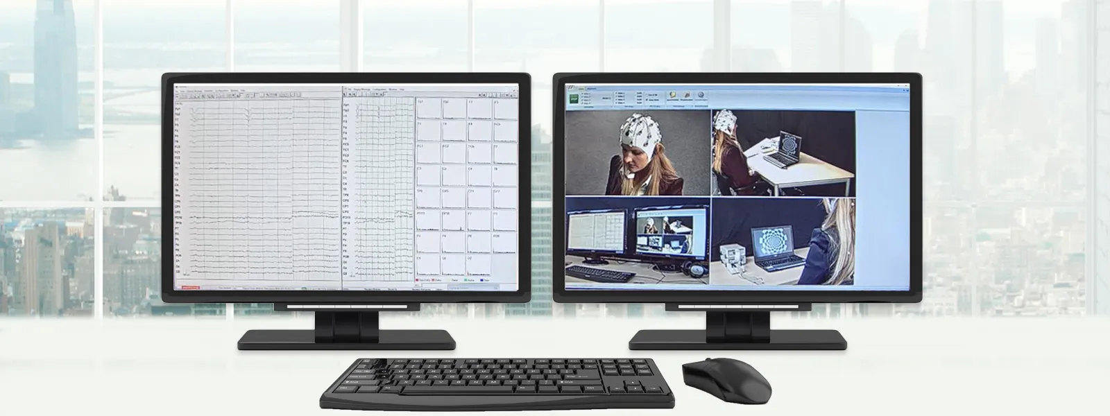 Integration of EEG data with behavioral observation showing multiple screens with EEG recording equipment