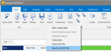 Export menu of INTERACT showing SALT export option