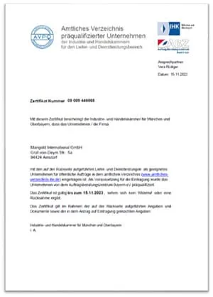 PVQL Certificate showing Mangold's certification as a trustworthy company