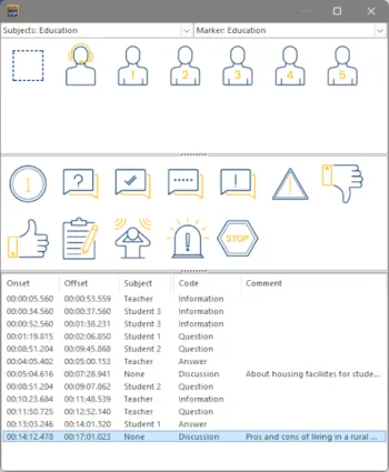 Panel with icon markers and subjects and a list of logged events