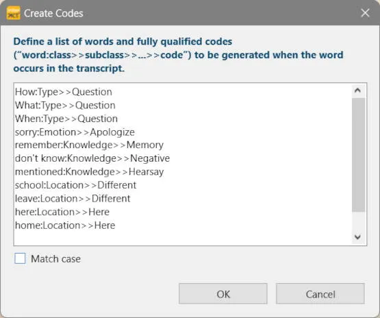 Syntax for the Workflow module Create Codes from transcripts